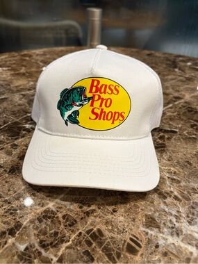 Bass Pro Shops White Trucker Hat with Yellow Logo and Green Fish